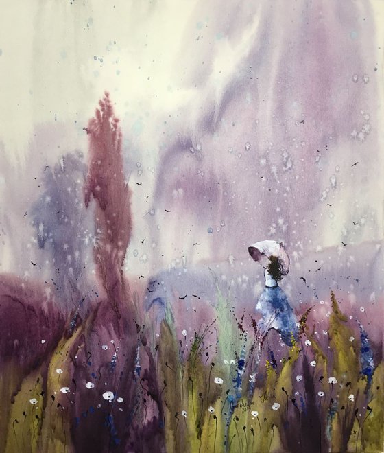 Sold Watercolor "Rain in the lavender field”