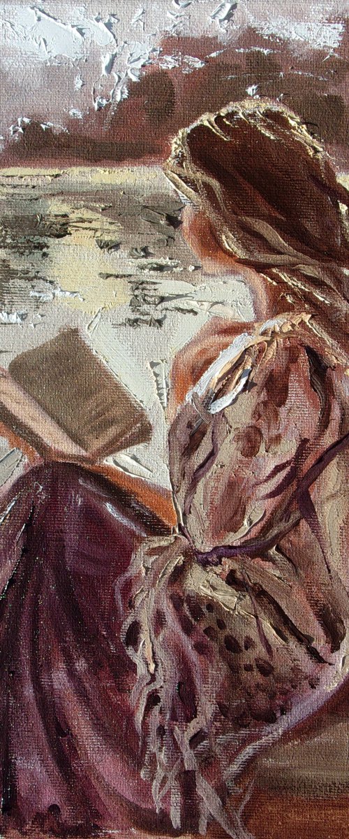 " THE OLD ROMANCE ... " book lover original painting LAKE  palette knife GIFT brown by Monika Luniak
