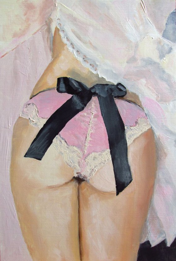 Oil painting vintage style lacy lingerie, 8x12 inches linen on board.