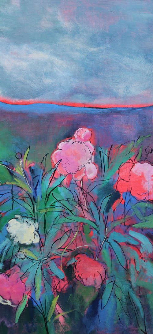 Neon Cow and Peony Bush by Artem Andreichuk