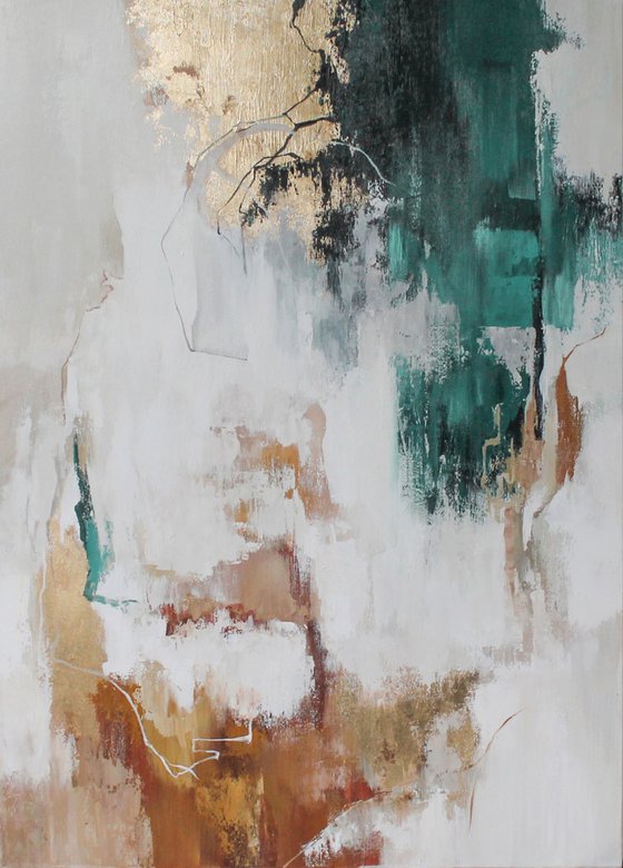"Emerald Flux 2" Green gold abstract art