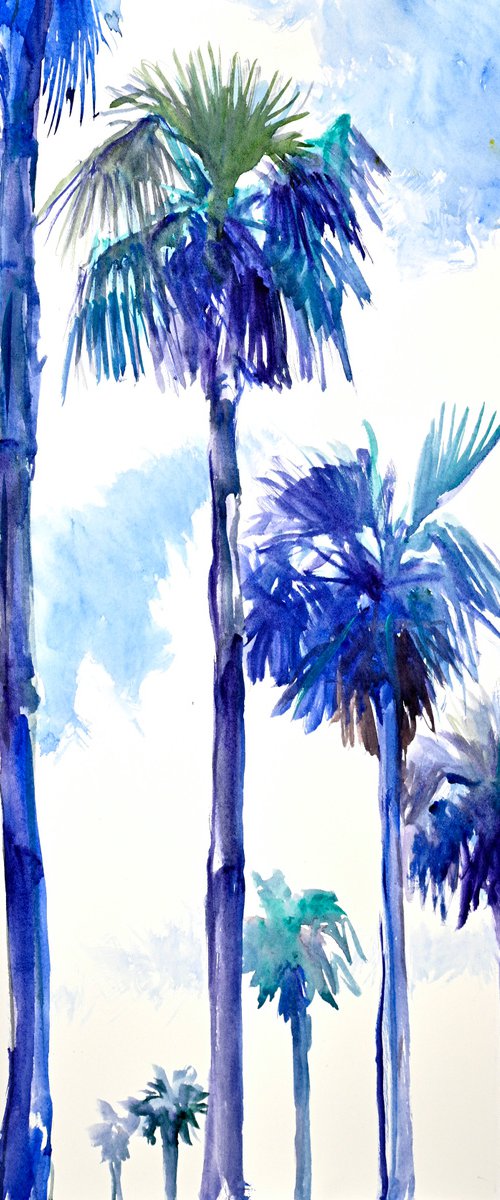 Palm Trees From California., Blue tropical BEach painting by Suren Nersisyan