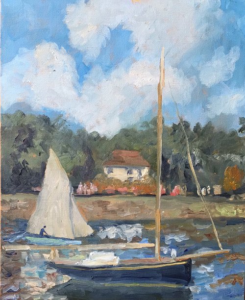 Boating on the river (after C Monet) An original oil painting by Julian Lovegrove Art
