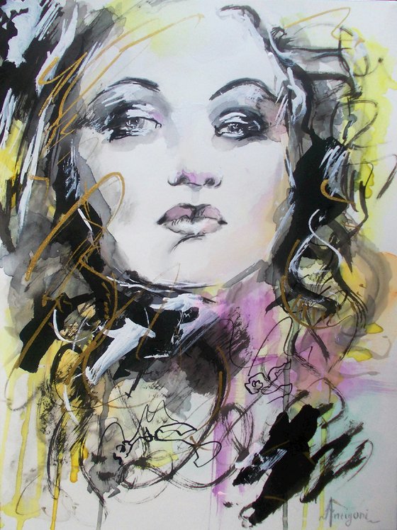 Erietta - Ink and  watercolor on Paper-Woman Portrait