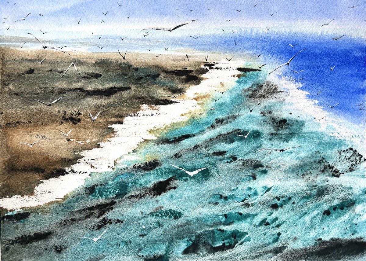 Abstract Watercolour By Yuliia Sharapova, 16 X 20", The Mediterranean Sea, Original Artwork