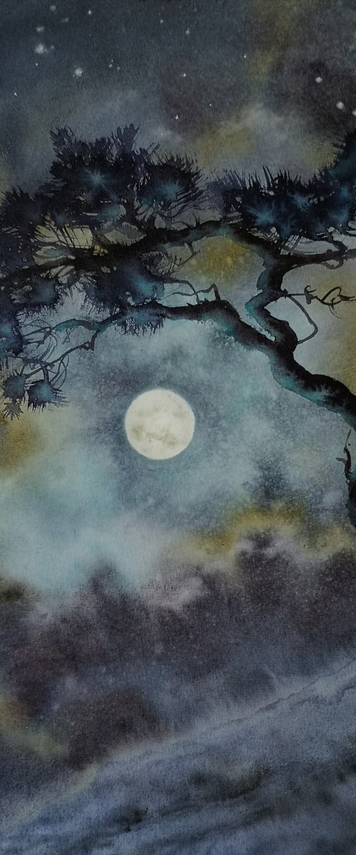 Solitude beneath Moonlight - Lonely Pine Tree by Olga Beliaeva Watercolour