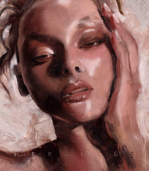 model with high pony tail, oil painting of beauty model wearing hair up beige white taupe black by Renske Karlien Hercules