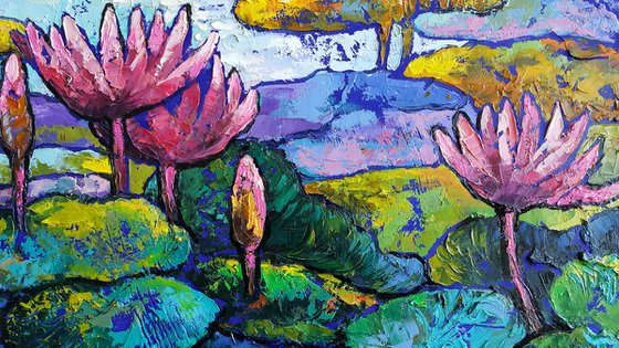 Painting Pink lilies in the pond, landscape