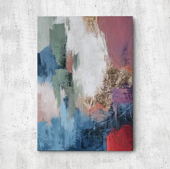 "Pink Brume" Pink blue gold abstract art
