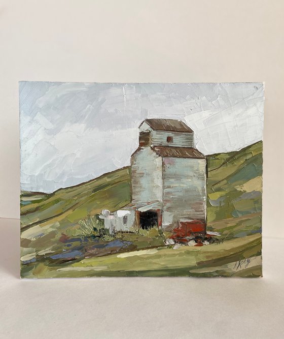 Abstract landscape Montana Grain elevator Original Oil Painting 22x28cm 8.5x11inch