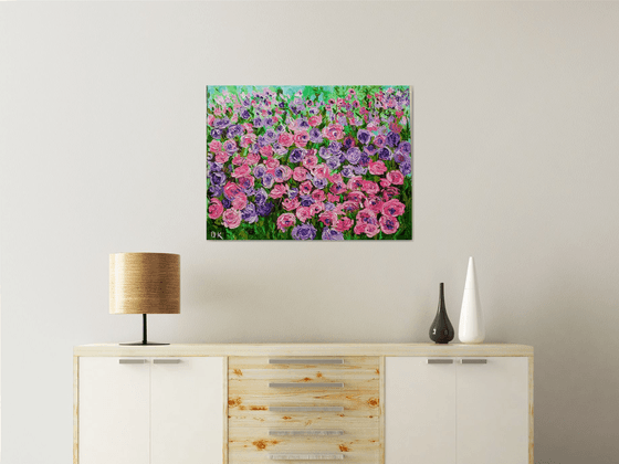 FIELD OF Happyness PURPLE PINK WHITE  ROSES  palette knife modern decor MEADOW OF FlOWERS, LANDSCAPE,  office home decor gift