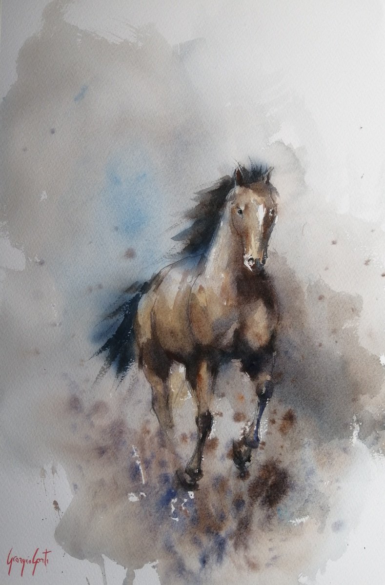 Expressive Animal Watercolour By Giorgio Gosti, 14 X 21, Horses 20, Original Artwork