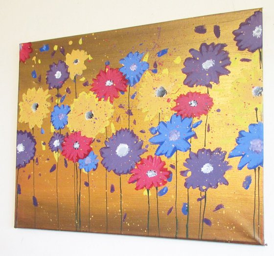 flower gold multi colour original abstract floral painting art canvas - 16 x 20 inches
