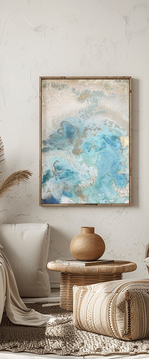 Aqua Gold Abstract Painting by Mily Art