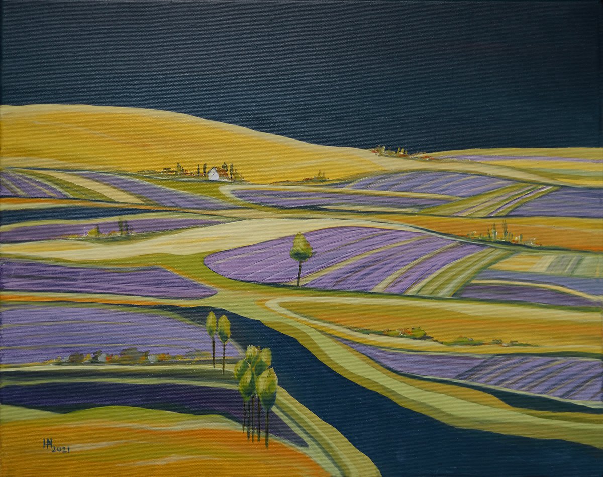 Organic Landscape Oil Painting By Aniko Hencz, 20 X 16, The Lavender Farm, Original Artwork