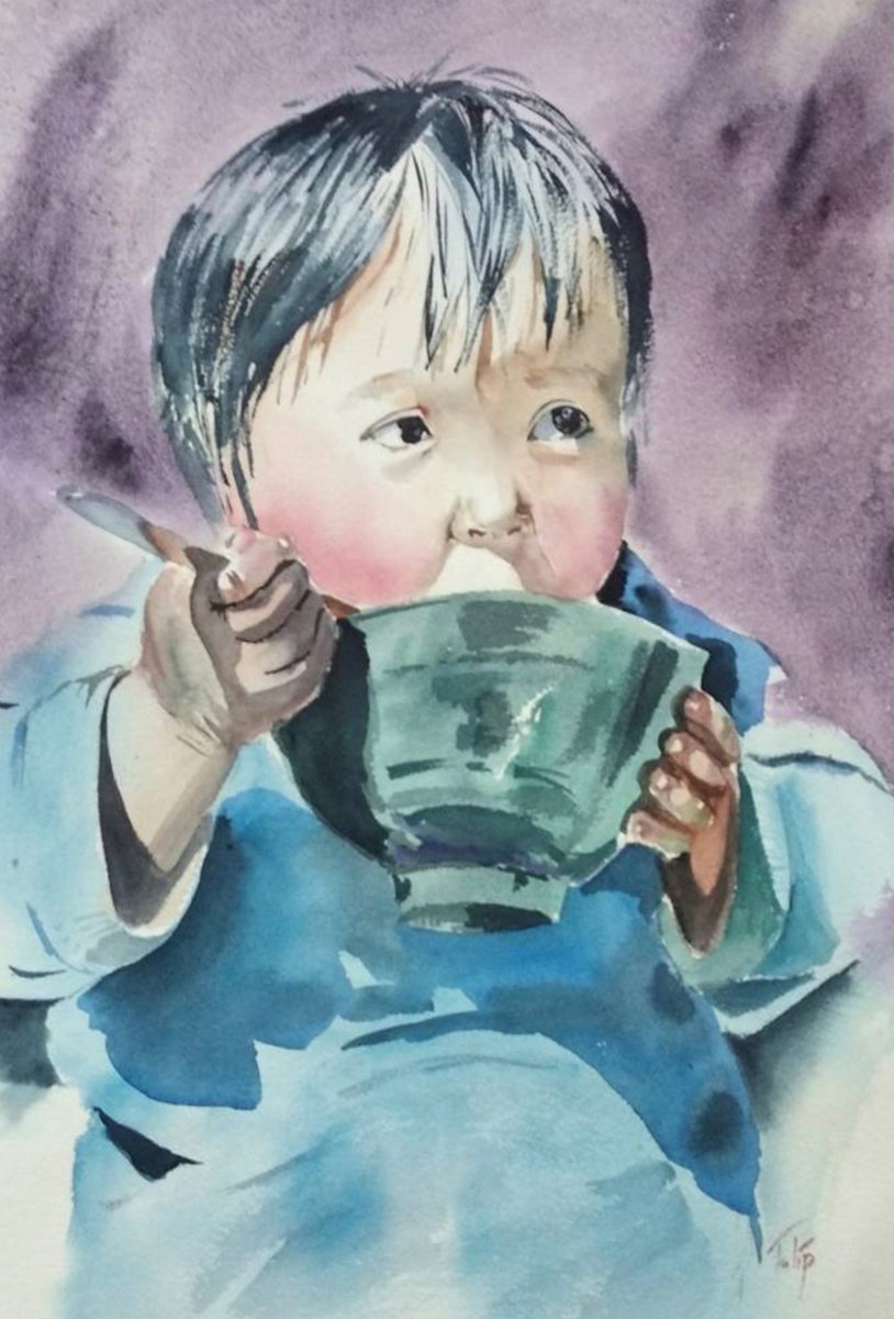 Impressionistic Portrait Watercolour By Ana Tyulpanova, 15 X 22, Having Lunch, Original Artwork