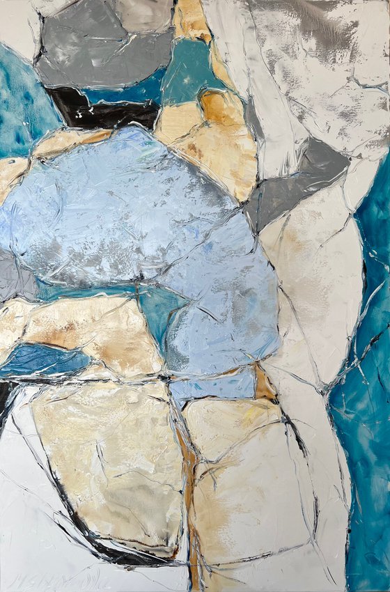 Beige and turquoise abstraction. White and turquoise wall art.