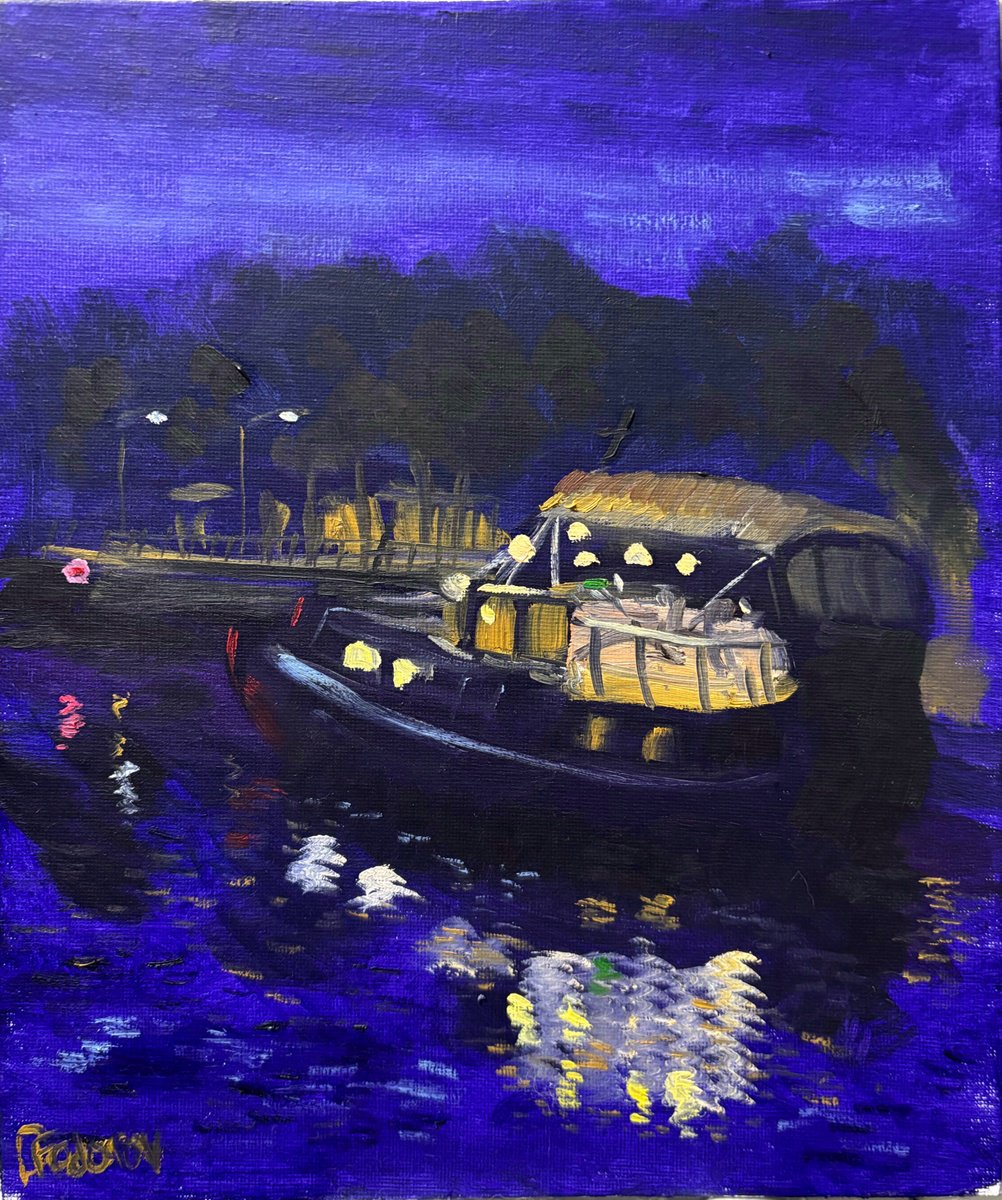 Impressionistic Landscape Oil Painting By Dmitry Fedorov, 9 X 12, Nighttime Dutch Canal Boat, Original Artwork