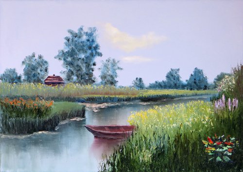 Rural landscape with a boat by Elena Lukina