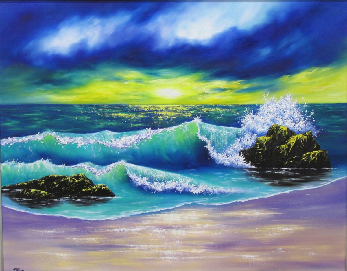 Impressionistic Landscape Oil Painting By Yulia Allan, 47 X 37", Waves On The Beach, Original Artwork