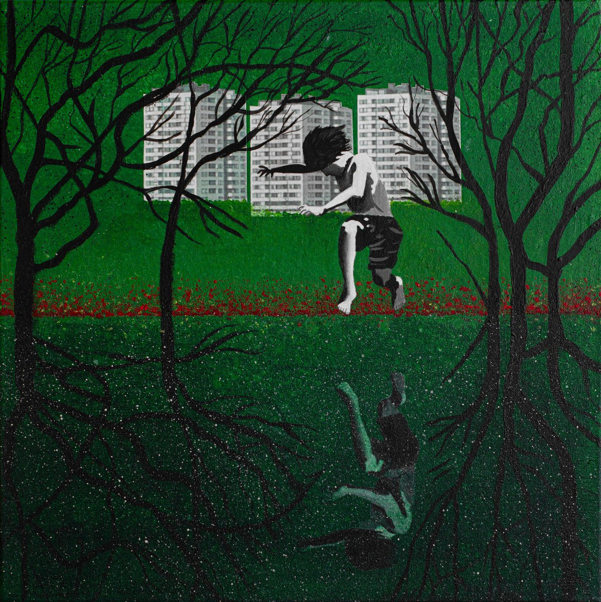 Urban And Pop Landscape Painting By Db Waterman, 20 X 20, The Green Jump, Original Artwork