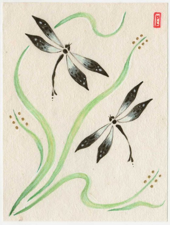 Dancing Dragonflies original watercolor Sumi-e painting FREE SHIPPING in USA