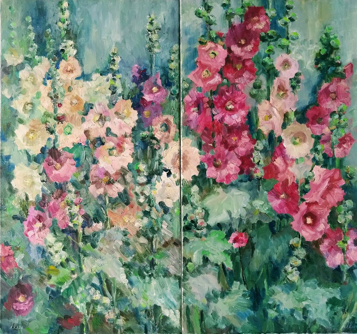 Impressionistic Botanical Oil Painting By Elena Klyan, 31 X 30, Mallow Diptych, Original Artwork