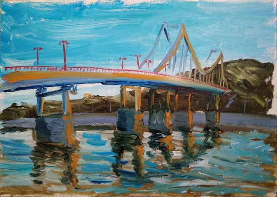 The footbridge over the river Dnipro in the Kyiv city pleinair painting