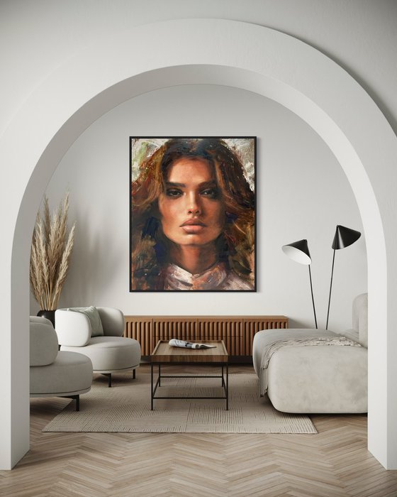 A closer gaze, XL oil painting of a strong portrait brunette fierce model