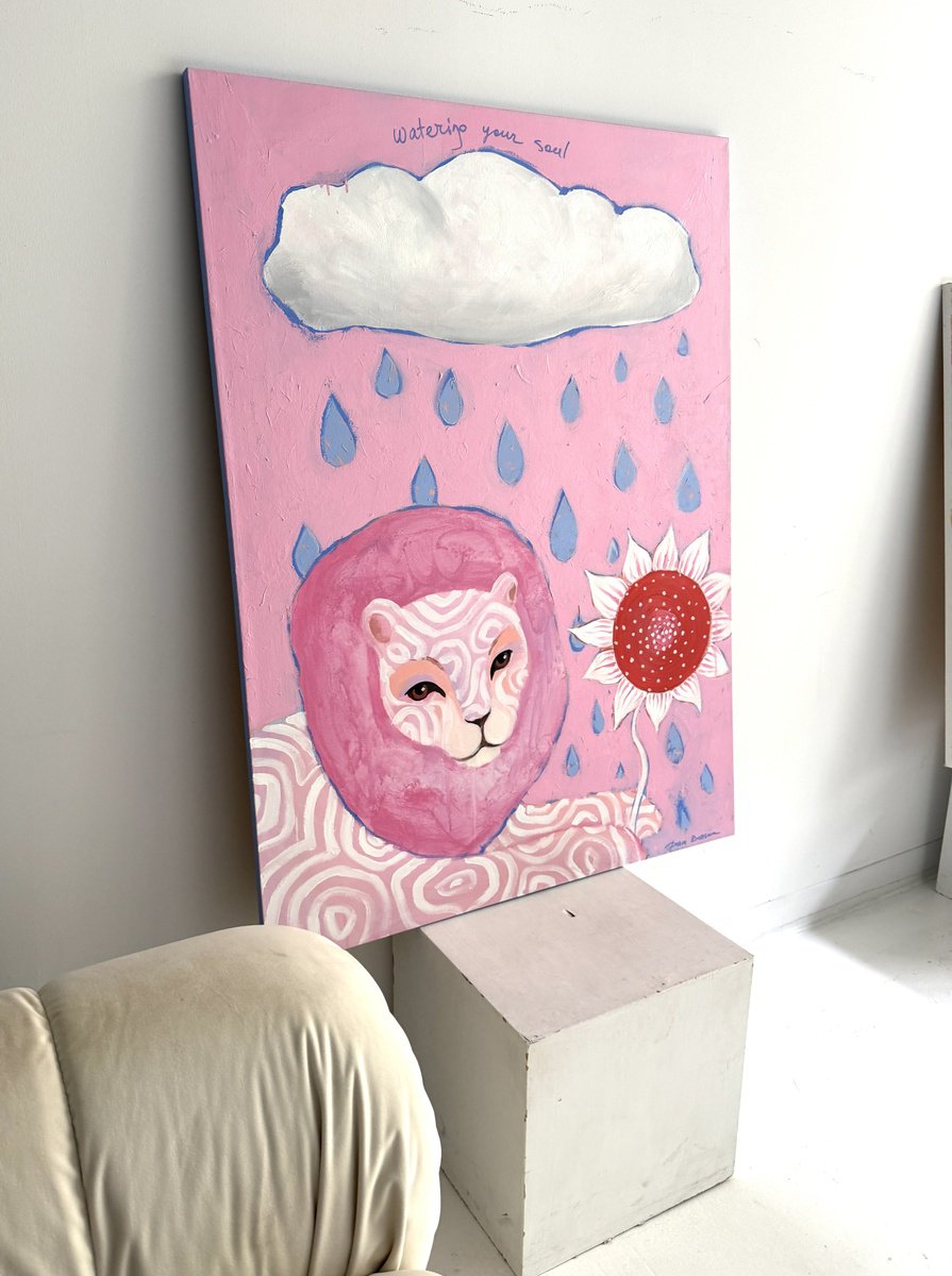 Surrealistic Animal Acrylic Painting By Daria Borisova, 36 X 48, Watering Your Soul, Original Artwork