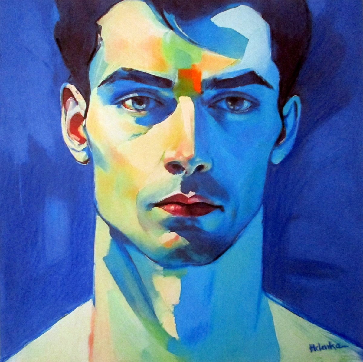 Expressive Portrait Acrylic Painting By Helena Wierzbicki, 23 X 24, Lucid Dreamer, Original Artwork