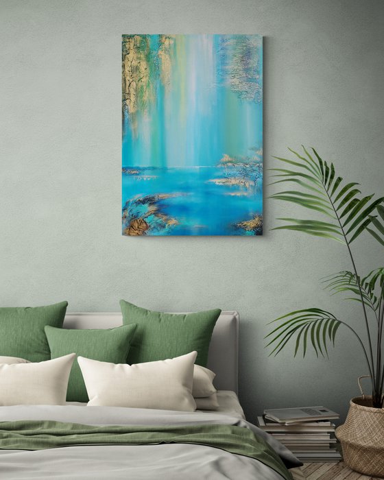 A XL large semi-abstract beautiful structured mixed media painting of a lake "Under the willow"