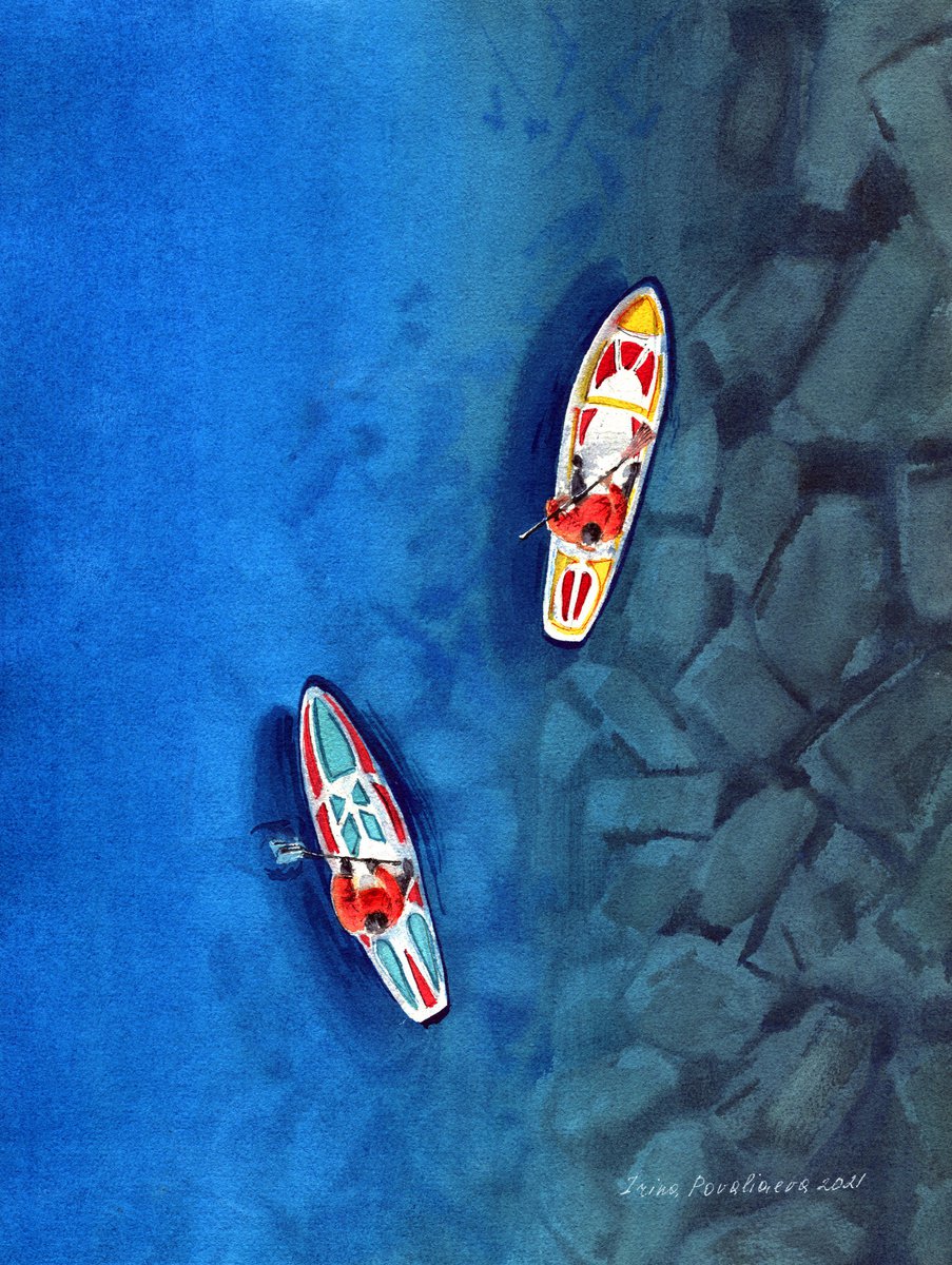 Sup swimming near the rocky shore original wall art watercolor painting in blue colors liv... by Irina Povaliaeva
