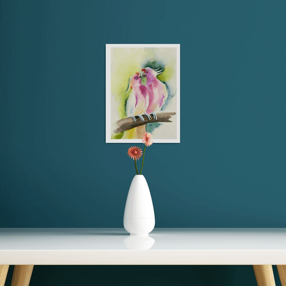 Original Watercolor kissing Parrots painting