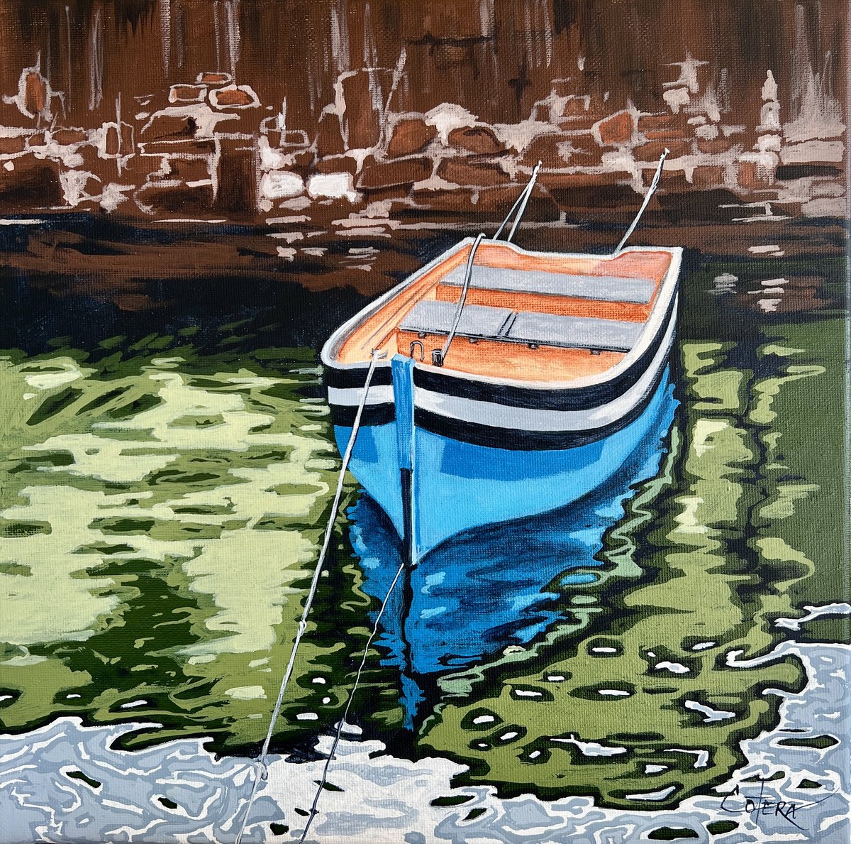 Photorealistic Landscape Acrylic Painting By Carlos Alvarez Cotera, 12 X 12, - Sitting On The Bay - ?, Original Artwork