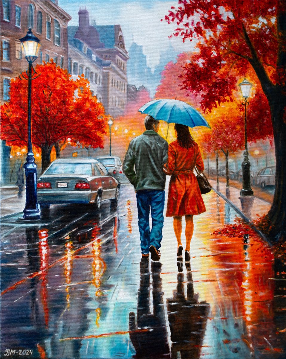 Impressionistic Cityscapes Oil Painting By Vera Melnyk, 16 X 20", Together In The Rain, Original Artwork