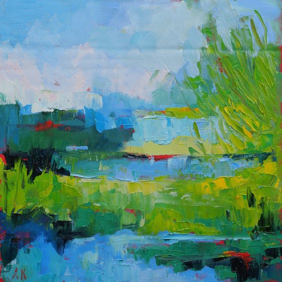 Water meadow - textured semi abstract landscape oil painting