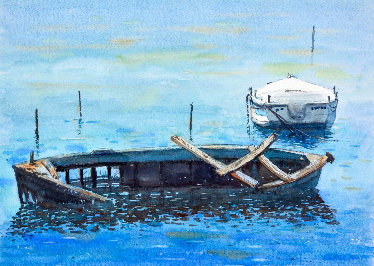 Boats of Corfu island Kerkyra Greece 25x36cm 2022 by Nenad Koji? watercolorist
