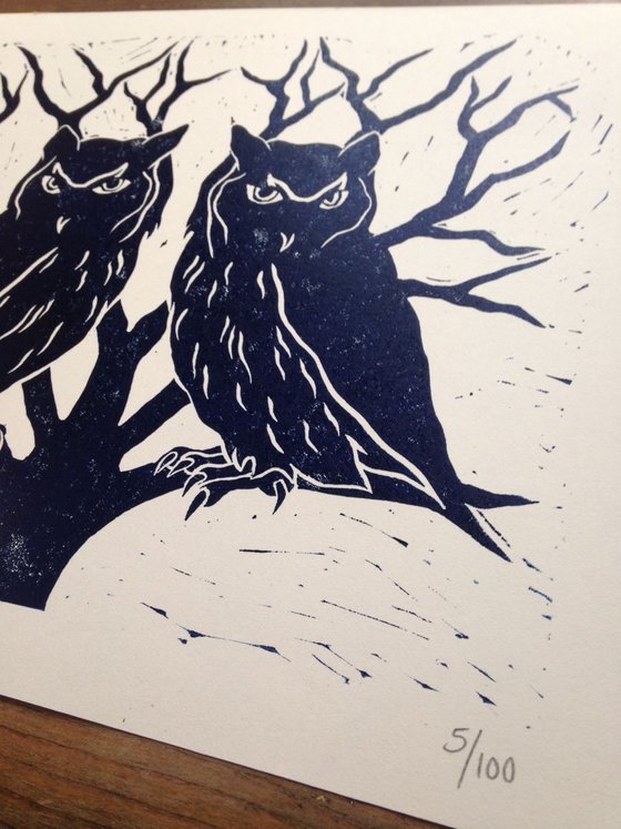 Owl lino print, printmaking, Prussian blue, trees, winter