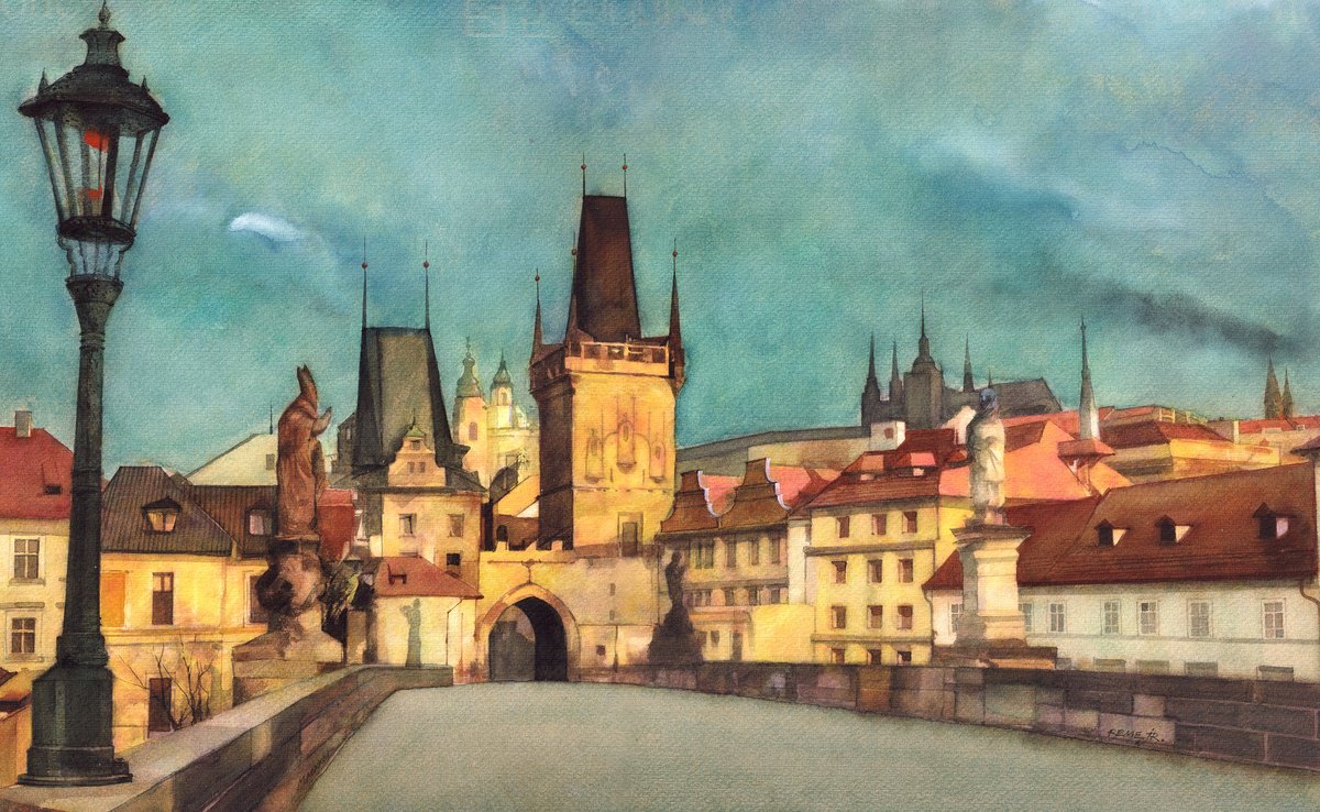 Photorealistic Cityscapes Watercolour By Reme Jr., 22 X 13", Charles Bridge - Prague, Original Artwork