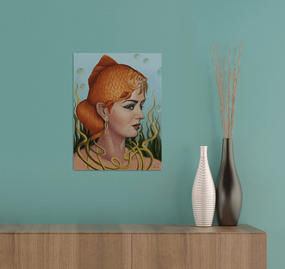 The golden fish 30x40cm, oil painting, surrealistic artwork