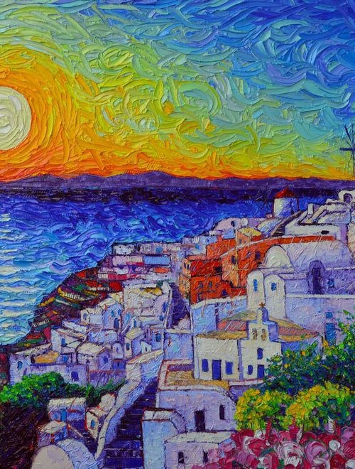 SANTORINI OIA SUNSET - 90 X 50 cm landscape from Greece modern impressionist impasto palette knife original oil painting Greek islands by ANA MARIA EDULESCU