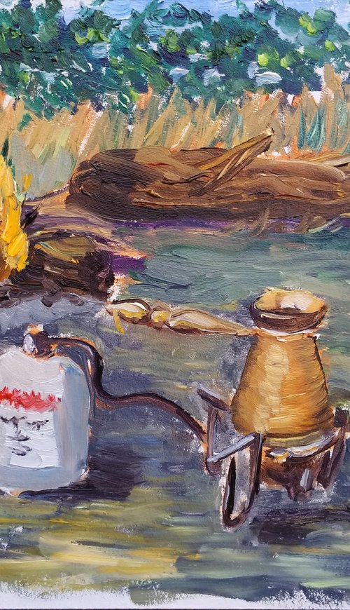 Camping coffee in the cezve Original Plein Air Oil Painting by Dmitry Fedorov