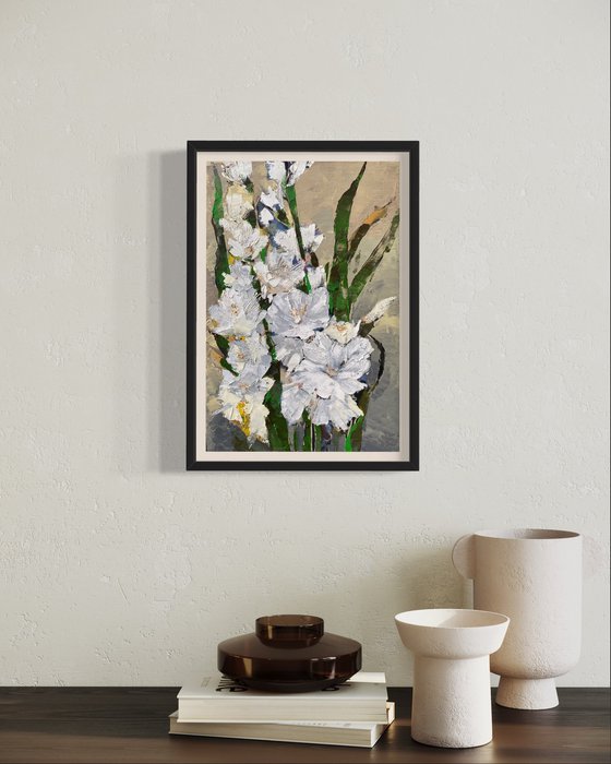 WHITE GLADIOLUSES - original painting on canvas