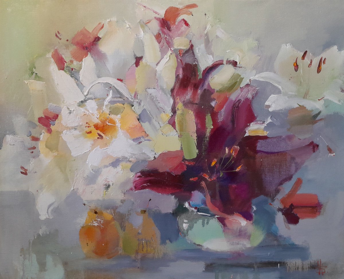 Botanical Oil Painting By Tatyana Barinova, 26 X 21", When Flowers Celebrate, Original Artwork