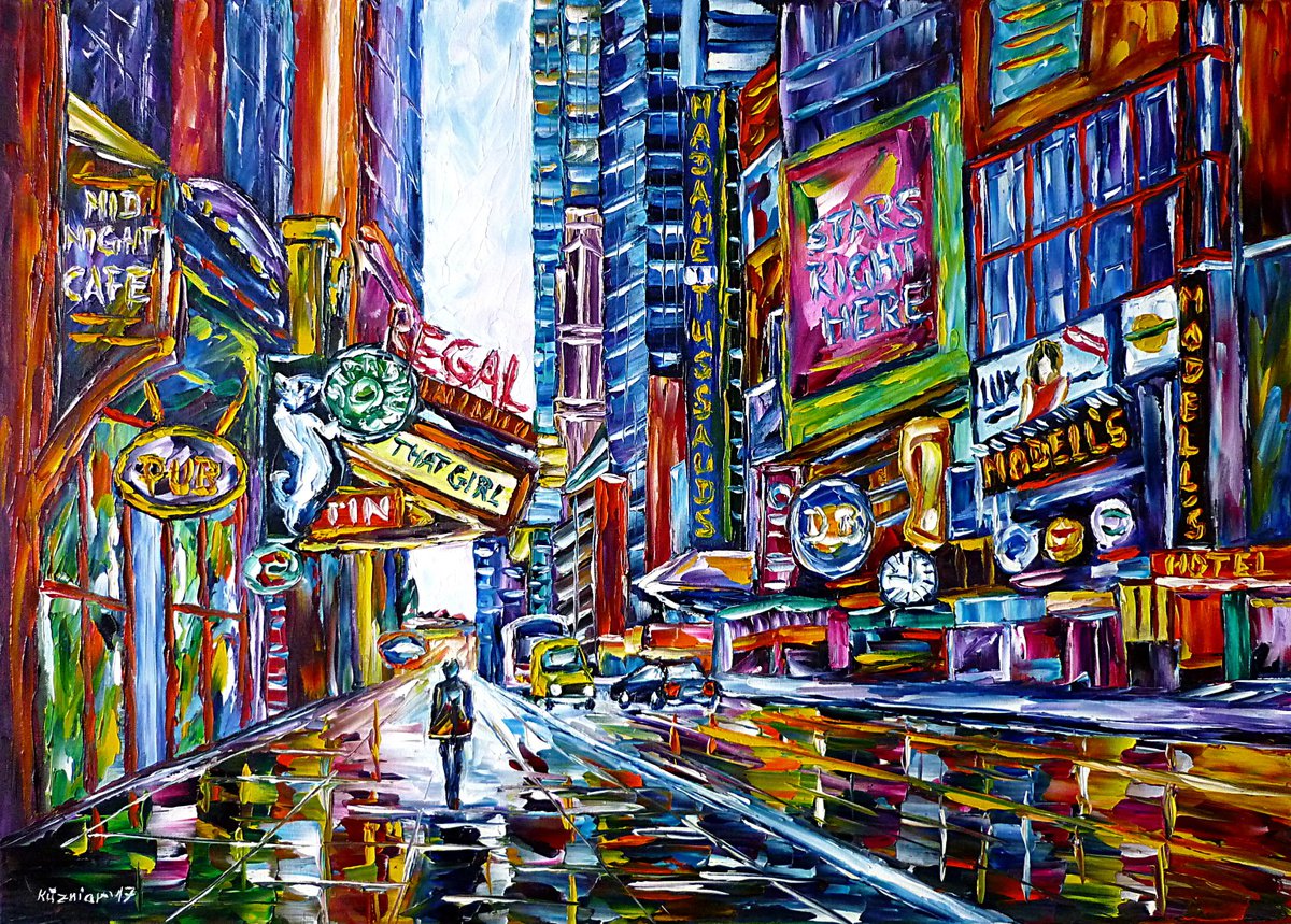 Expressive Cityscapes Oil Painting By Mirek Kuzniar, 28 X 20", Rainy Day In New York, Original Artwork