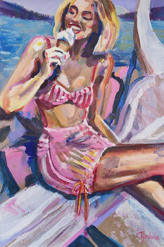 Girl with ice cream in Pink Swimsuit Beach