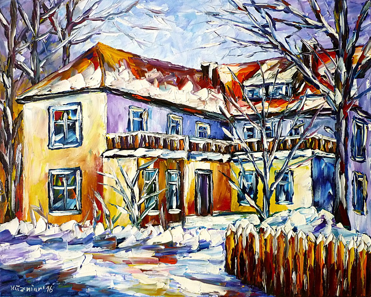 Expressive Landscape Oil Painting By Mirek Kuzniar, 20 X 16", House In Winter, Original Artwork