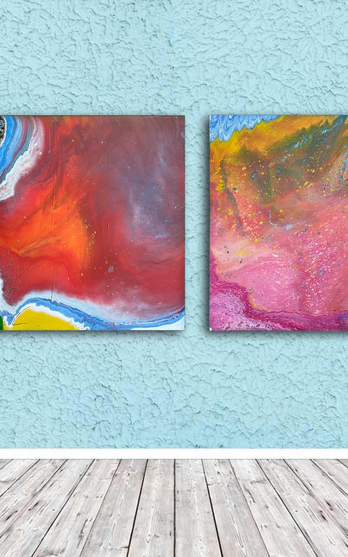 "Cracks and Bubbles" - Save As A Series - Original Large PMS Abstract Diptych Fluid Acrylic Paintings On Canvas - 66" x 30" by Preston M. Smith (PMS)