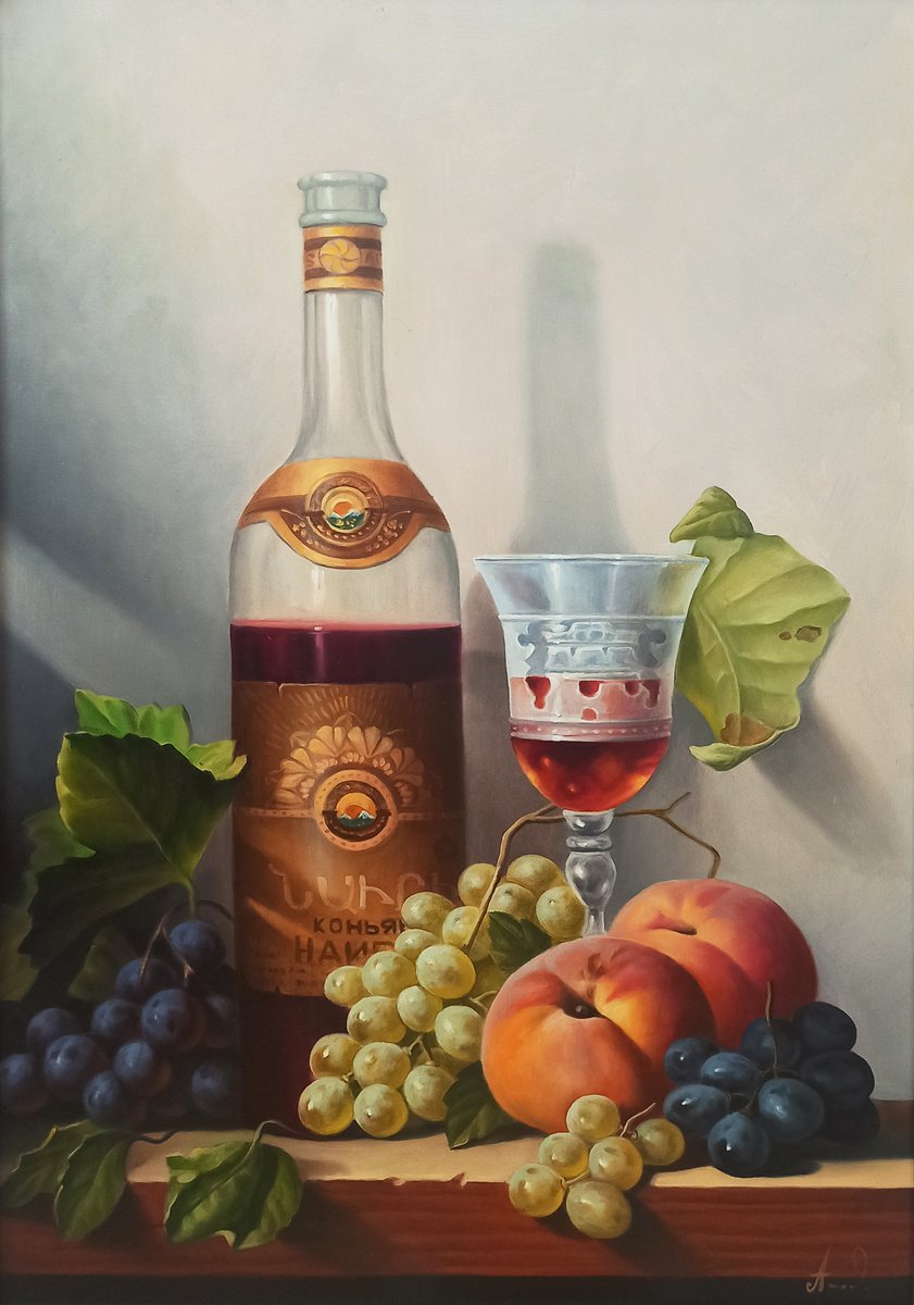 Still life with cup of cognac  (40x60cm, oil painting, ready to hang)